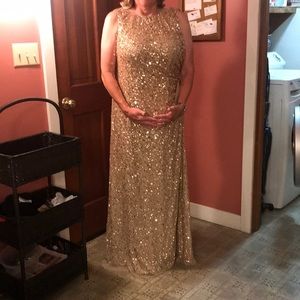 Aidrianna Papell gold sequined draped gown 14 W